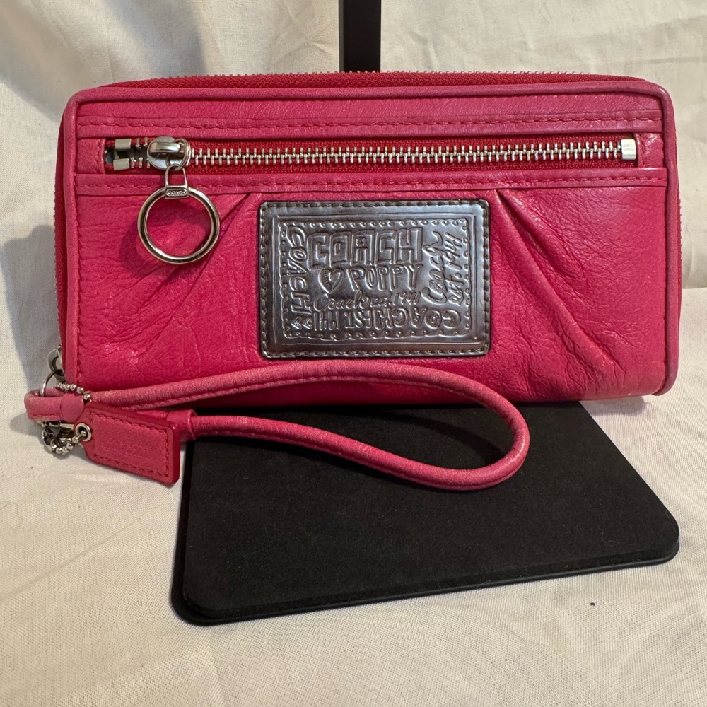 Coach Poppy Fuchsia Hot Pink Leather Wristlet Wallet with Silver Accents